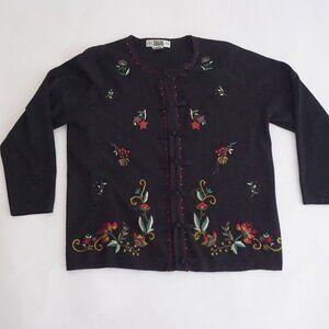 Vintage Segue Black Embroidered Floral Toggle Front Knit Cardigan Sweater 1X
